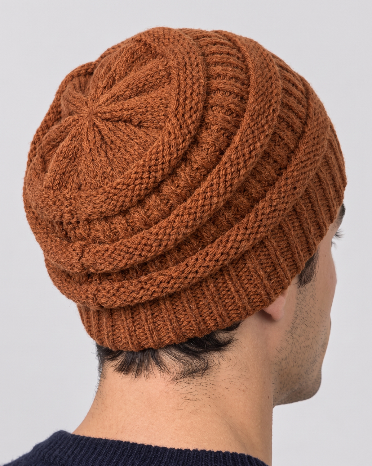 Men's Soft Stretch Knit Beanie — Caramel — fit detail — wb-gender-final-189