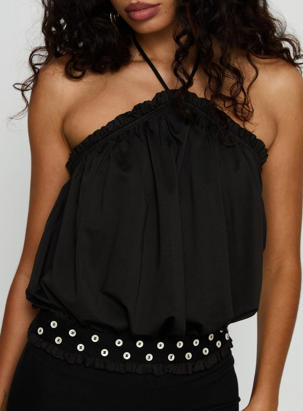Women's Mikki Tie Neck Button Detail Top Black