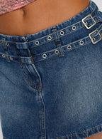 Women's Baccarat Belted Denim Mini Skirt Mid Blue Wash