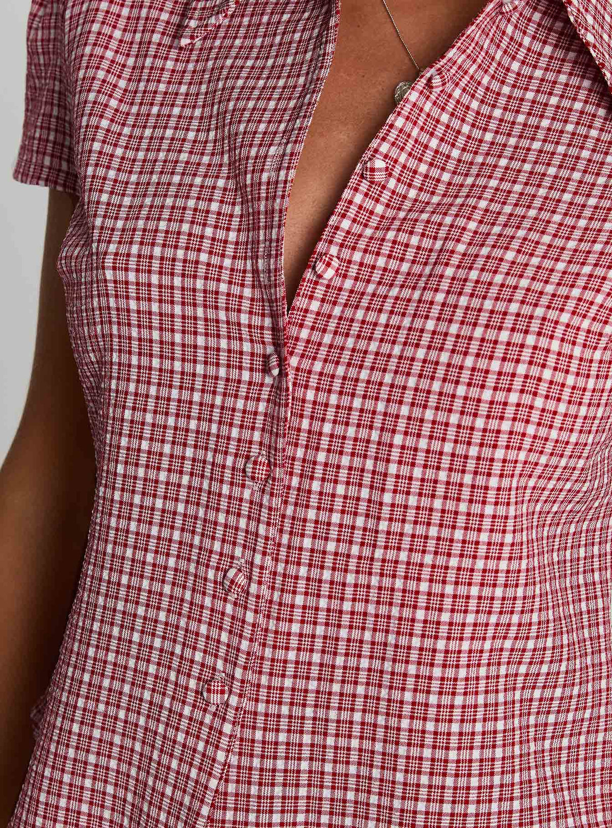 Women's Float Away Button Up Top Red Check