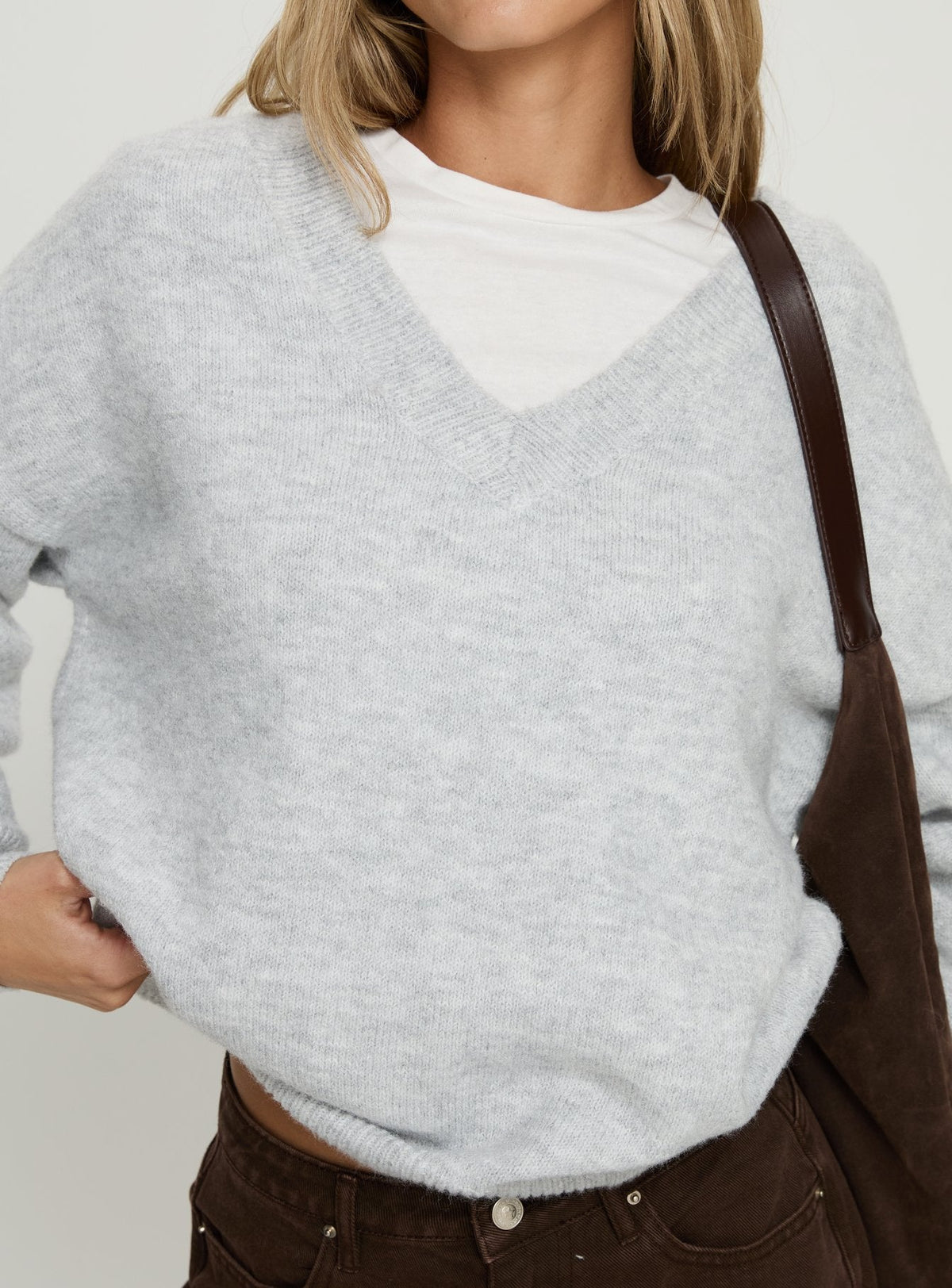 Women's Stay The Night V Neck Knit Sweater Grey Marle