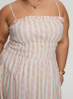 Women's Persephone Shirring Linen Maxi Dress Pink Stripe Curve — Dress