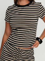 Women's Settle Down Baby Tee Black / Beige Stripe