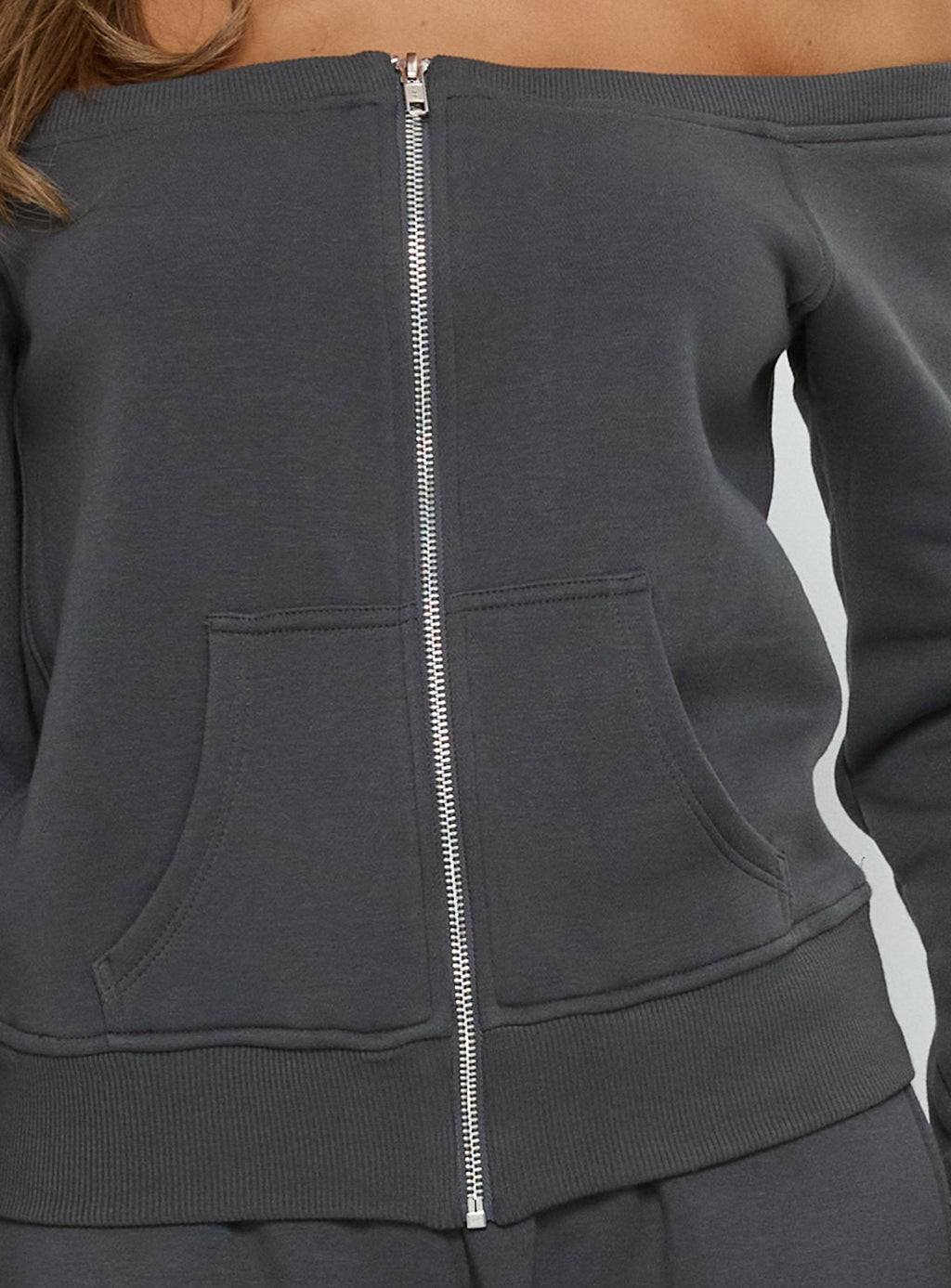 Women's Airazo Off Shoulder Zip Through Jumper Grey — Sweater