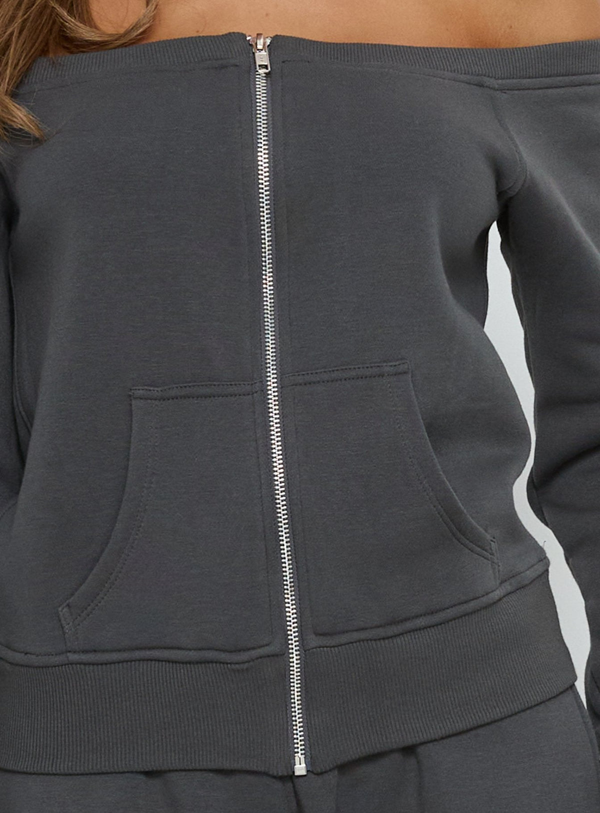 Women's Airazo Off Shoulder Zip Through Jumper Grey — Sweater