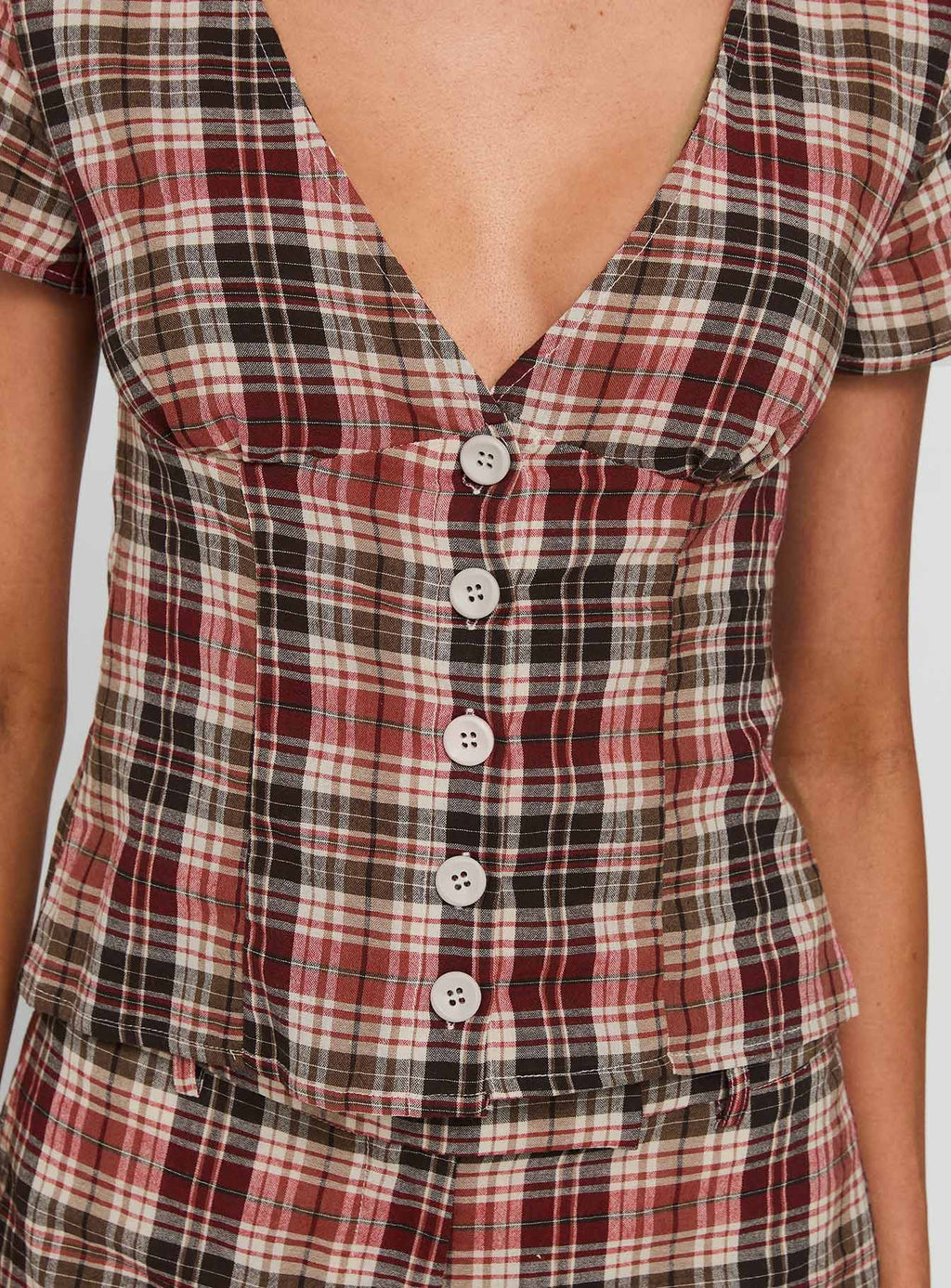 Women's Odera Button Up Blouse Top Red Check