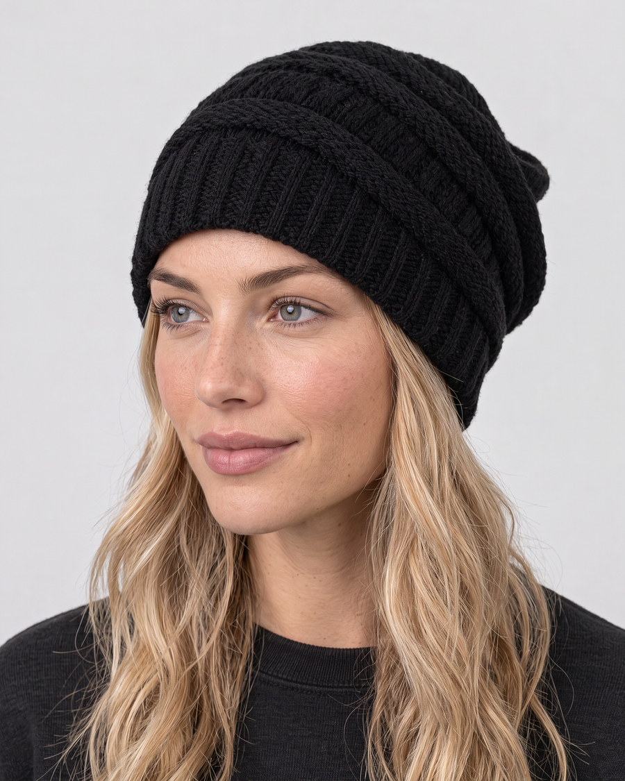 Women's Soft Stretch Knit Beanie — Black — hero — wb-gender-final-182