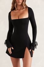 Women's Square Neck Long Sleeve Mini Dress in Black — Dress