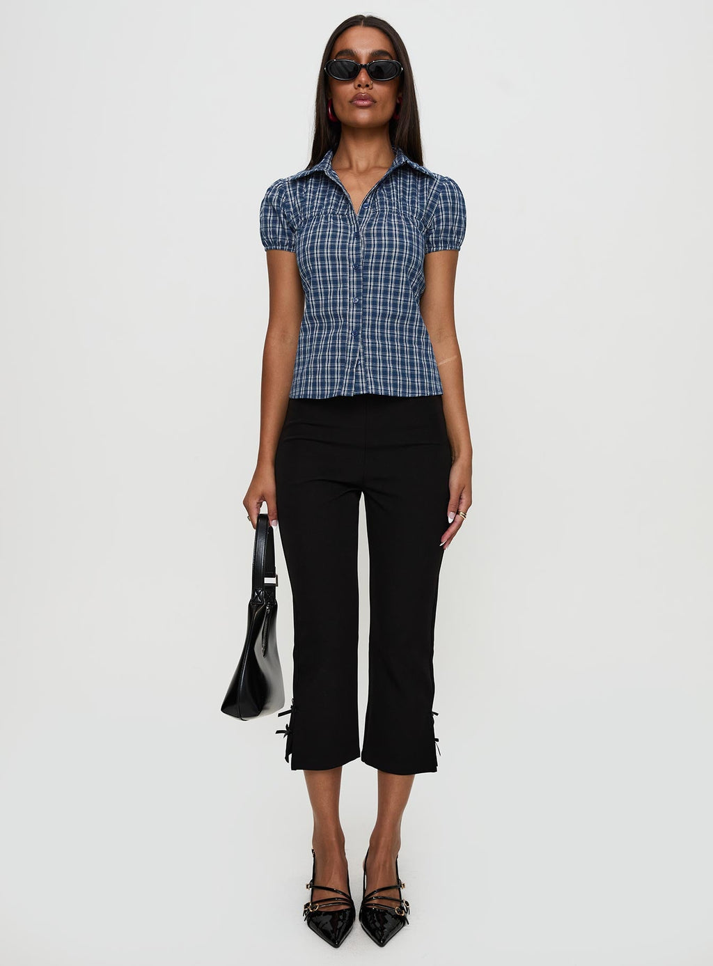 Women's Separate Scenes Button Up Top Blue Check