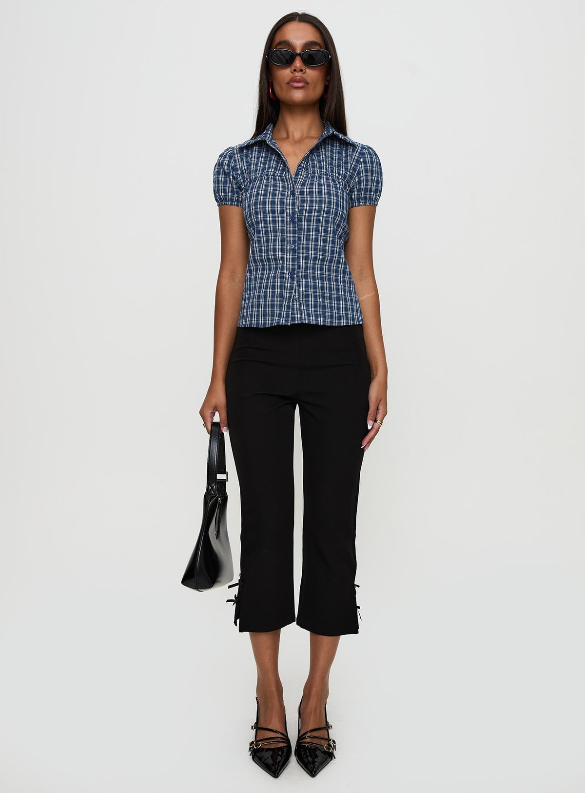 Women's Separate Scenes Button Up Top Blue Check