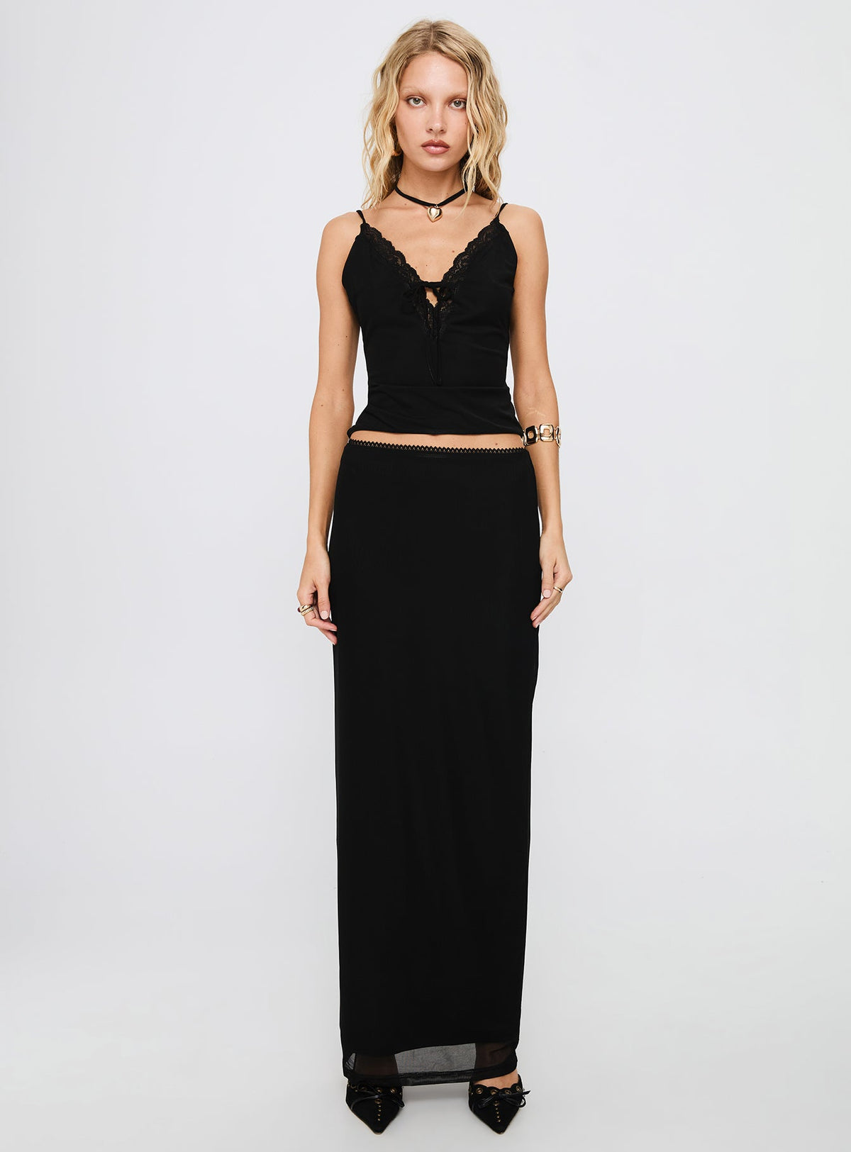Women's Reiko Lace Trim Tie Front Maxi Set Black
