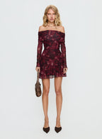 Women's Marrissa Off Shoulder Long Sleeve Mini Dress Burgundy Floral — Dress