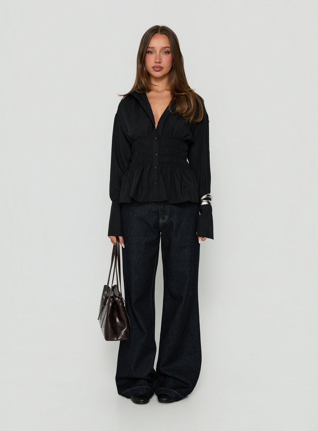 Women's As You Are Shirred Button Up Top Black
