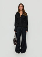 Women's As You Are Shirred Button Up Top Black