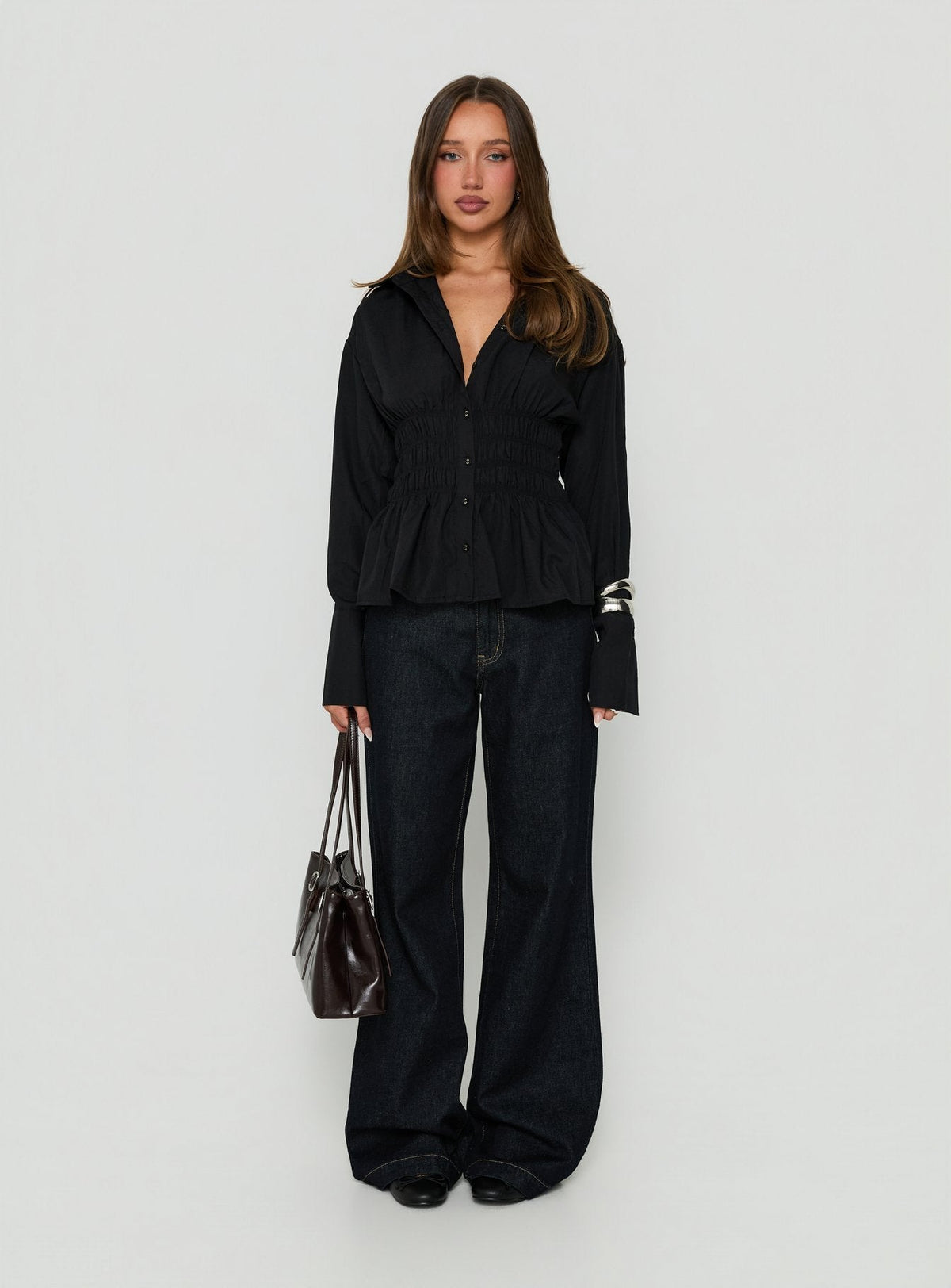 Women's As You Are Shirred Button Up Top Black