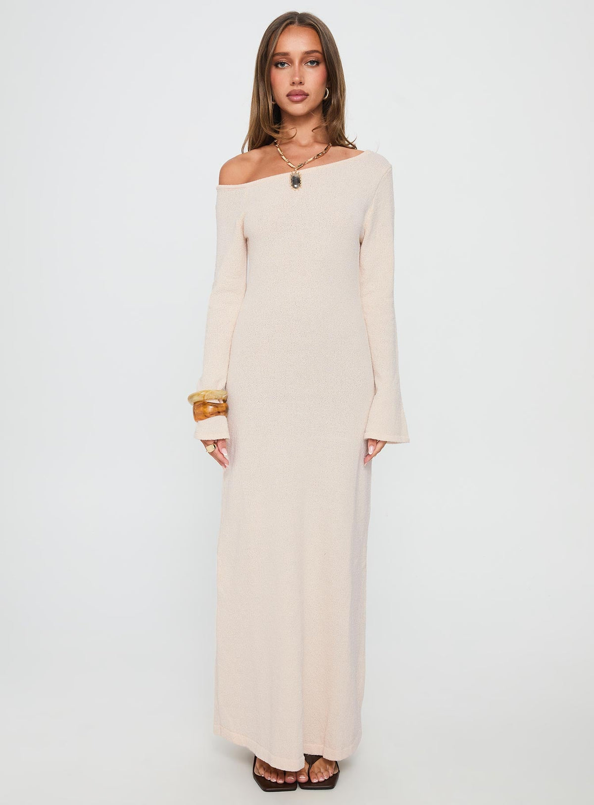 Women's Kloey Long Sleeve Knit Maxi Dress Cream — Dress