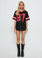 Women's SDSU Football Button Down Jersey Black — Top