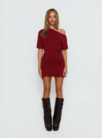 Women's Haylo Off Shoulder Drape Mini Dress Burgundy — Dress