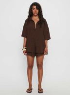 Women's Peni Linen Button Down Top Chocolate