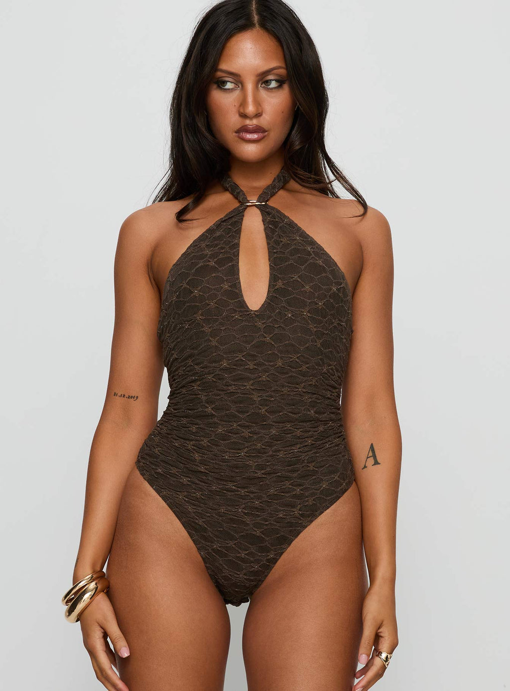 Women's Libbey Hardware Detail Textured Bodysuit Brown