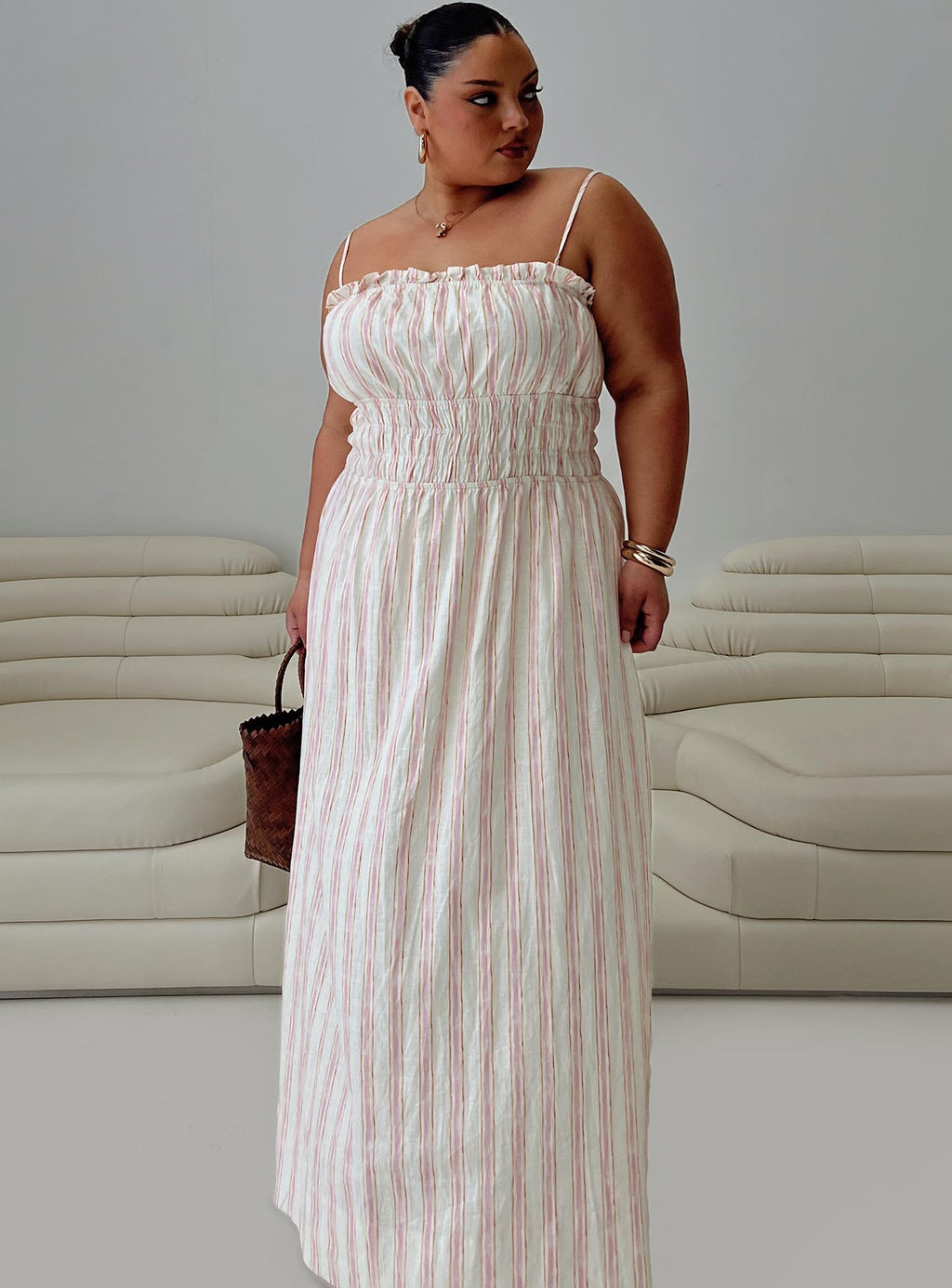 Women's Persephone Shirring Linen Maxi Dress Pink Stripe Curve — Dress