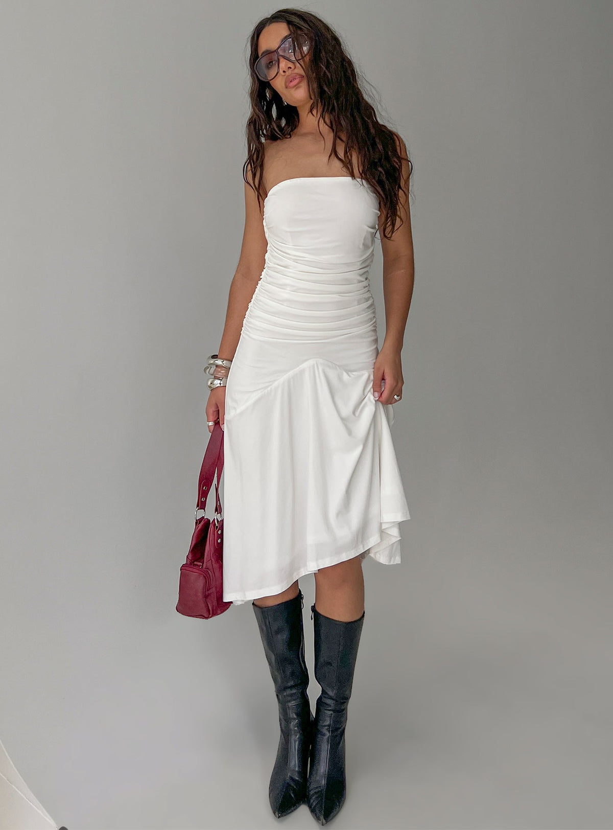 Women's Rienna Strapless Asymmetrical Midi Dress White — Dress