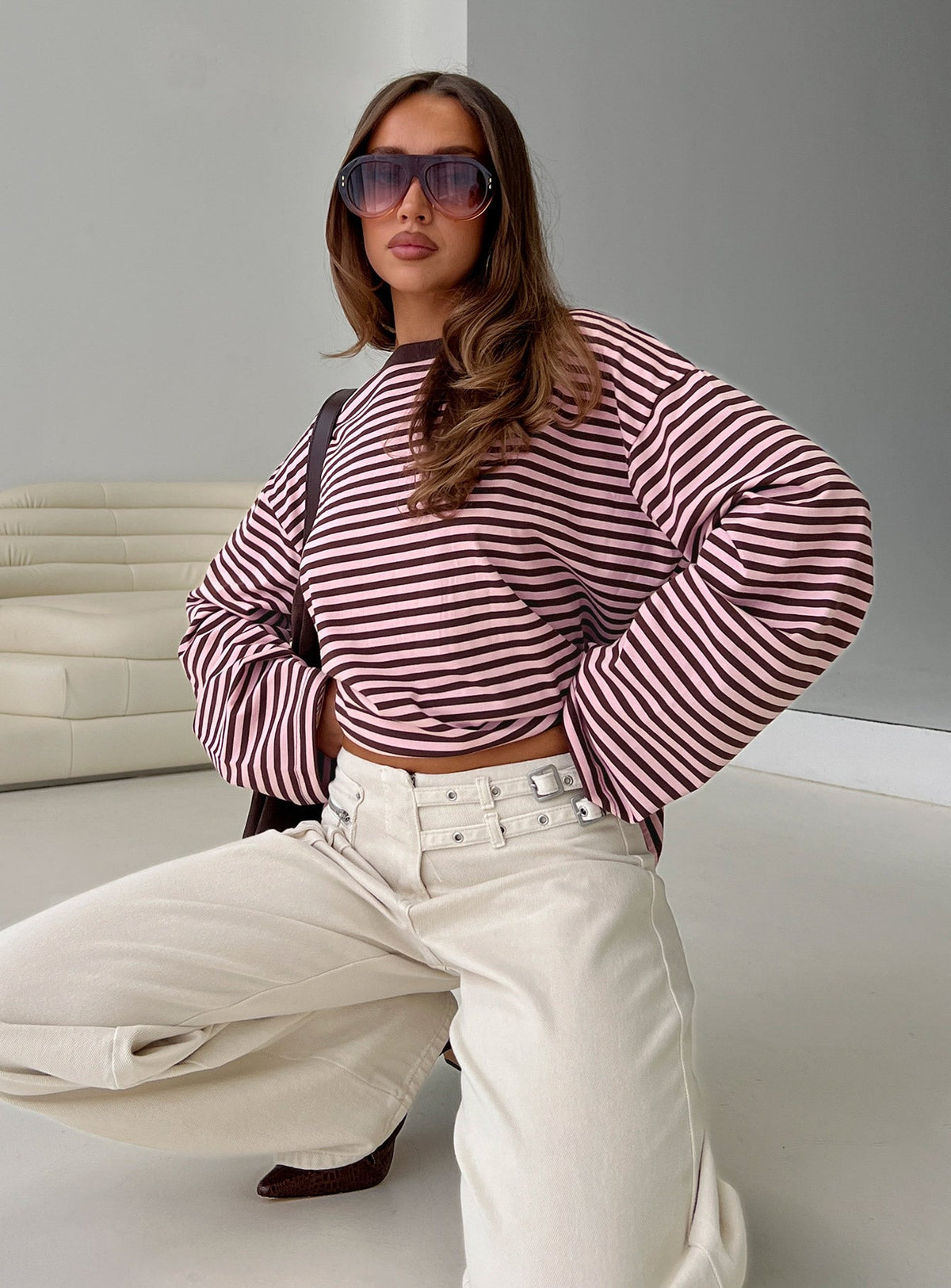 Women's Settle Down Long Sleeve Top Pink / Brown Stripe