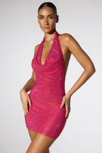 Women's Embellished Extreme Cowl Neck Halter Mini Dress in Hot Pink — Dress