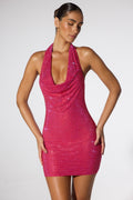 Women's Embellished Extreme Cowl Neck Halter Mini Dress in Hot Pink — Dress