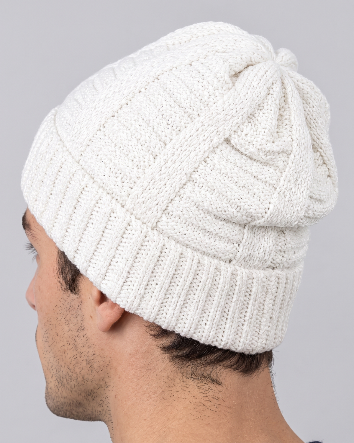 Men's Soft Stretch Knit Beanie — White — fit detail — wb-gender-final-180
