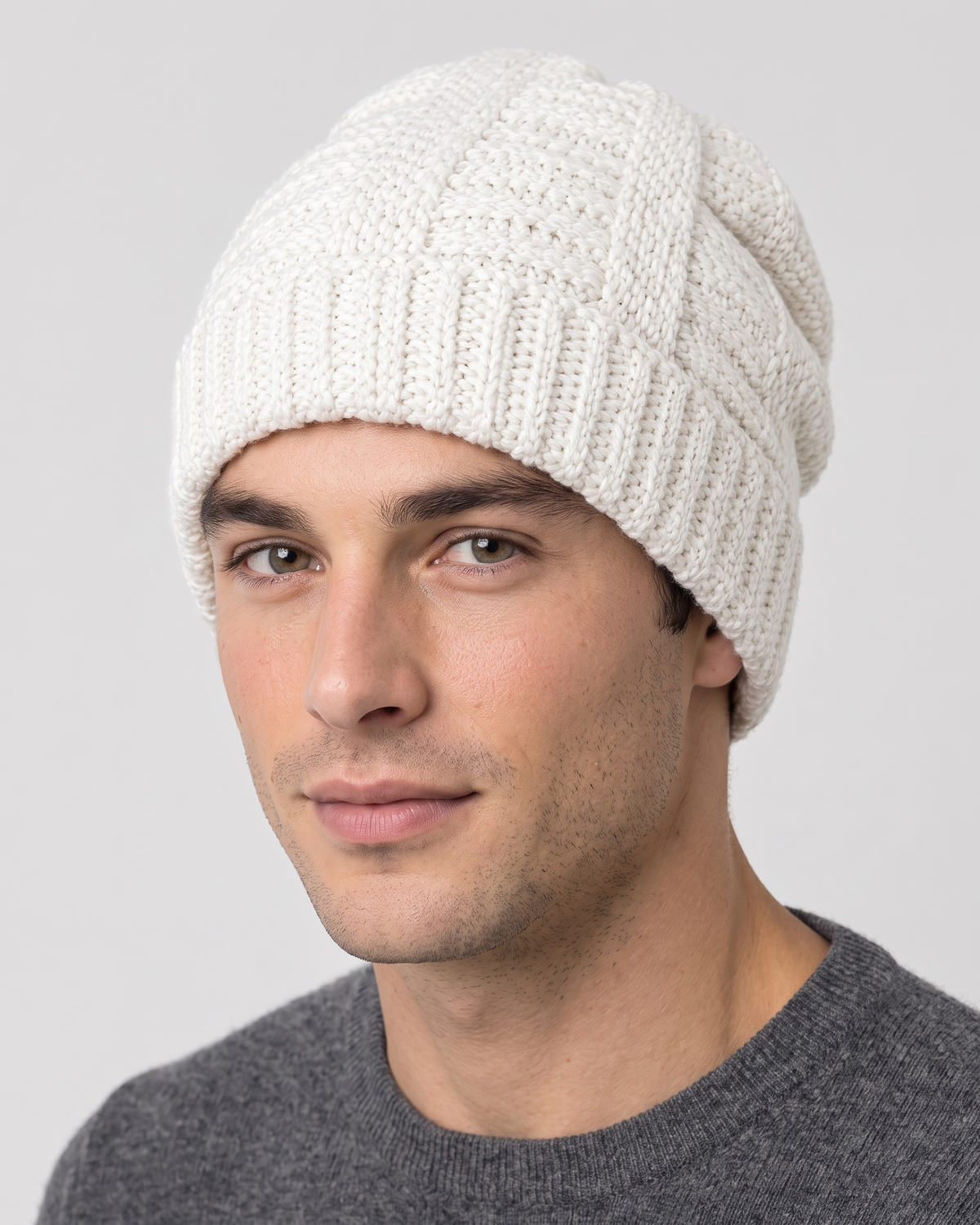 Men's Soft Stretch Knit Beanie — White — hero — wb-gender-final-179