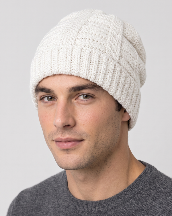 Men's Soft Stretch Knit Beanie — White — hero — wb-gender-final-179