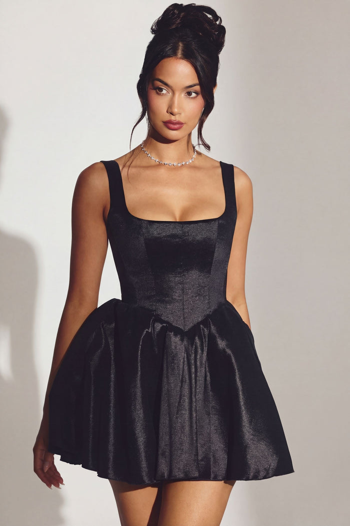 Women's Woven Taffeta Corset Mini Dress in Jet Black — Dress