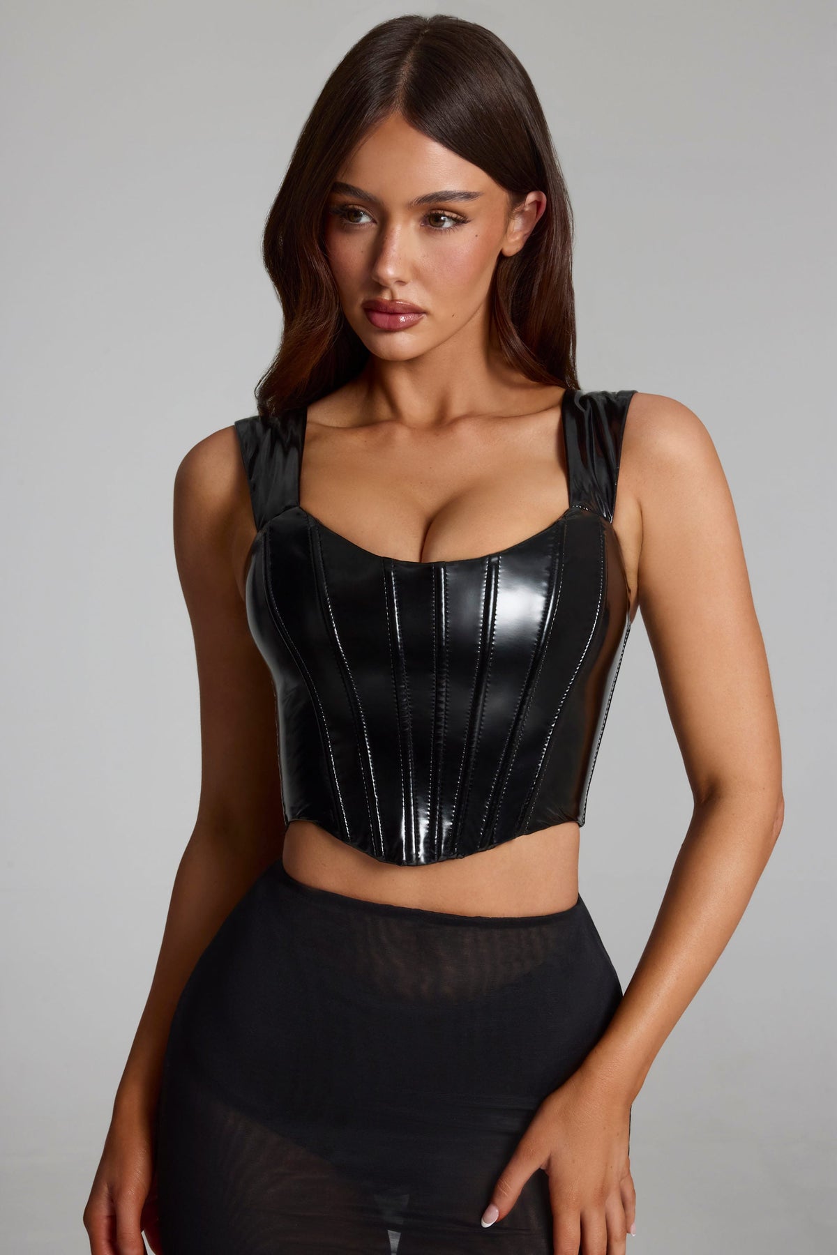 Women's Vinyl Lace-Up Corset Top in Black