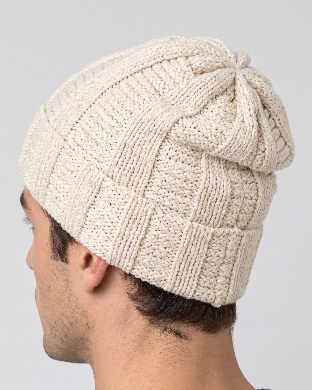 Men's Soft Stretch Knit Beanie — Beige — fit detail — wb-gender-final-177