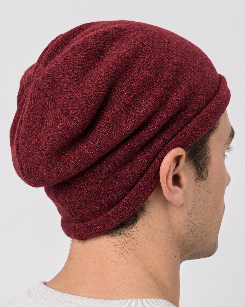 Men's Everyday Knit Beanie — Burgundy / 50 × 27 cm — fit detail — wb-gender-final-153