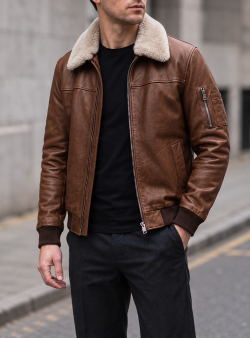 Men's Ace Leather Bomber Jacket with Shearling Collar