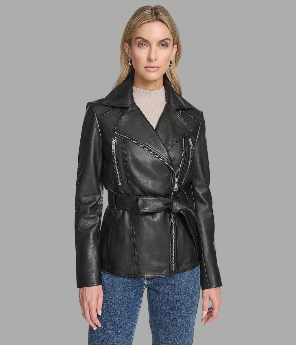 Violet Belted Leather Moto Jacket