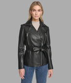 Violet Belted Leather Moto Jacket