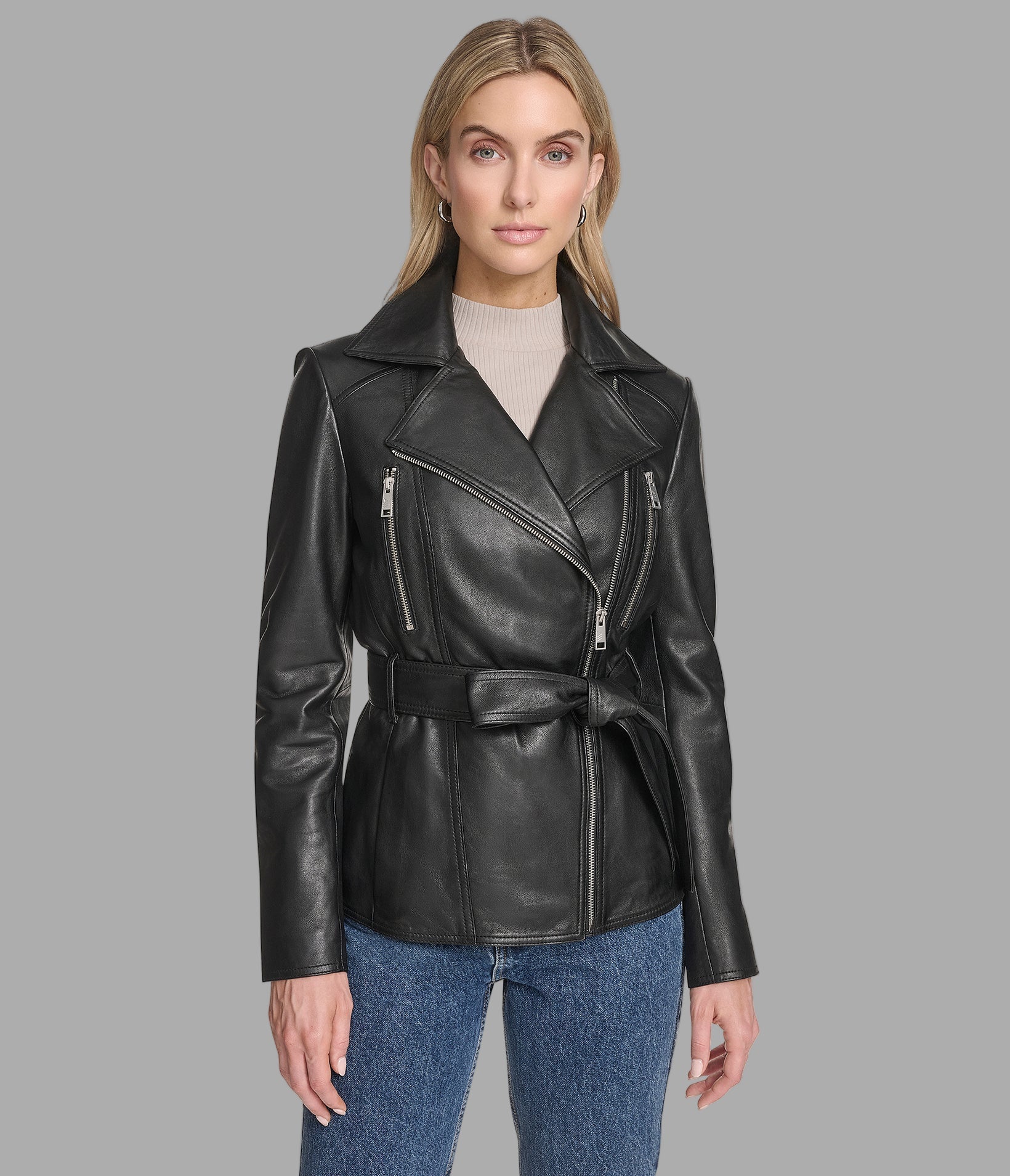 Violet Belted Leather Moto Jacket