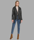 Violet Belted Leather Moto Jacket