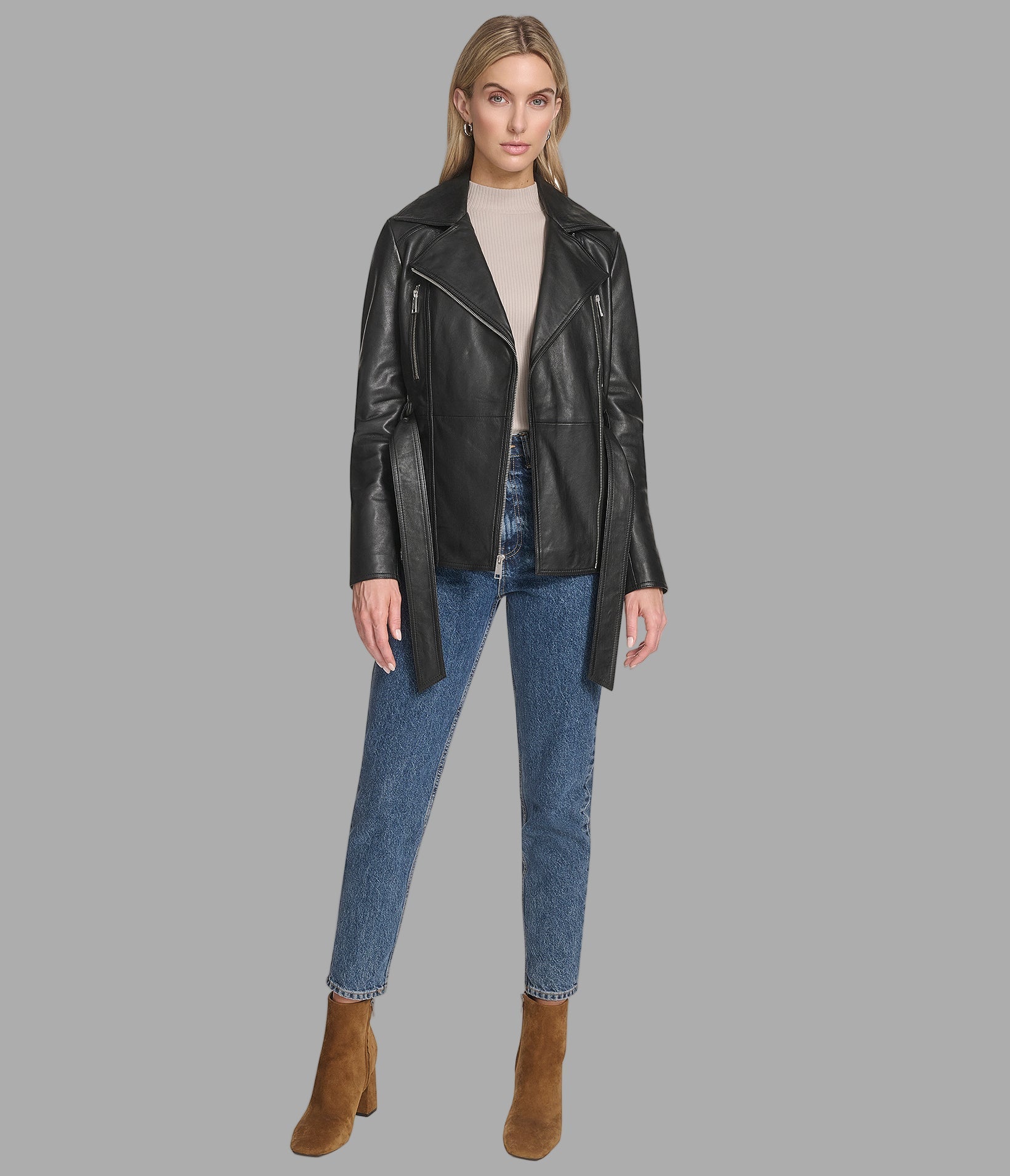 Violet Belted Leather Moto Jacket