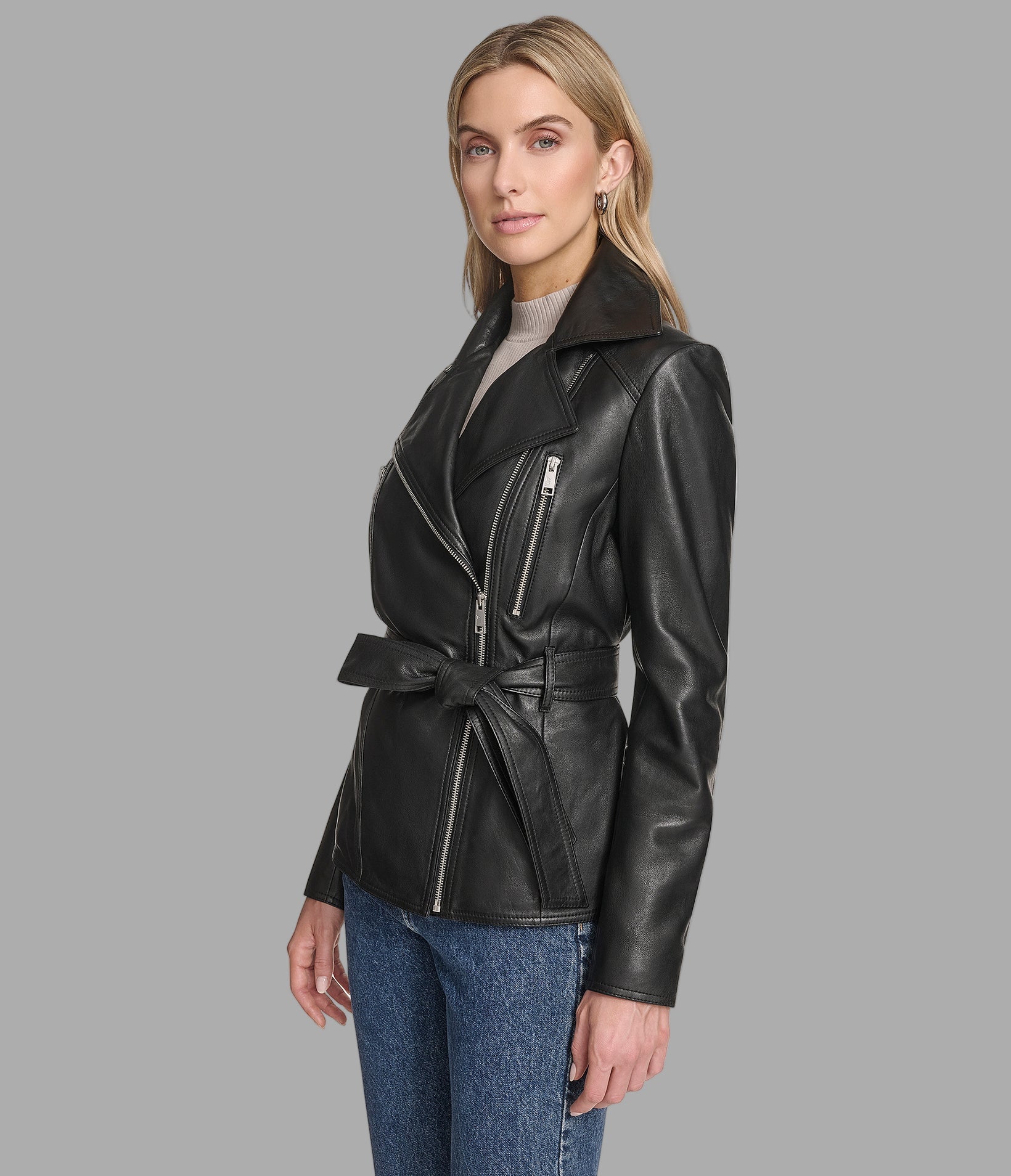 Violet Belted Leather Moto Jacket