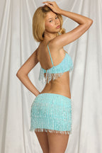 Women's Fringed Low-Rise Mini Skirt in Aqua Blue