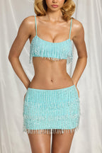 Women's Fringed Low-Rise Mini Skirt in Aqua Blue