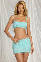 Women's Fringed Low-Rise Mini Skirt in Aqua Blue