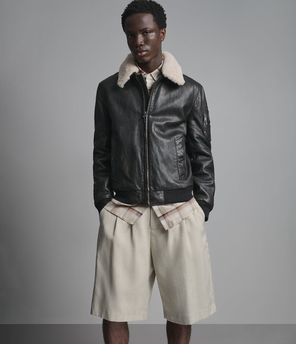 Jimmy Leather Aviator Bomber Jacket With Shearling Collar