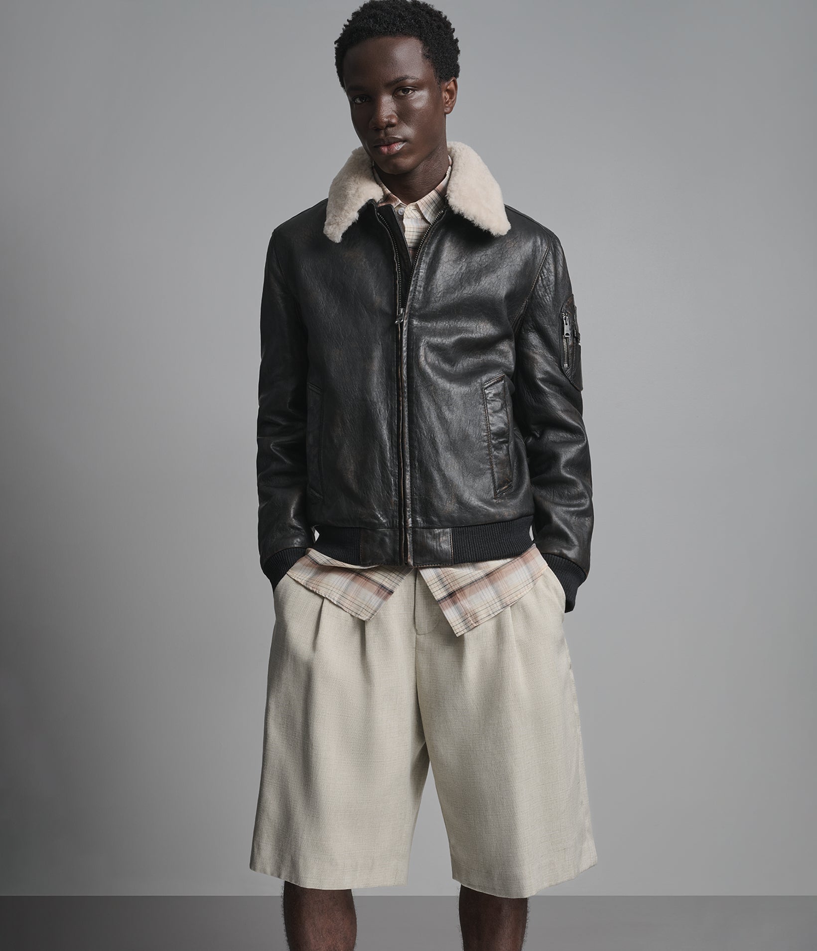 Jimmy Leather Aviator Bomber Jacket With Shearling Collar