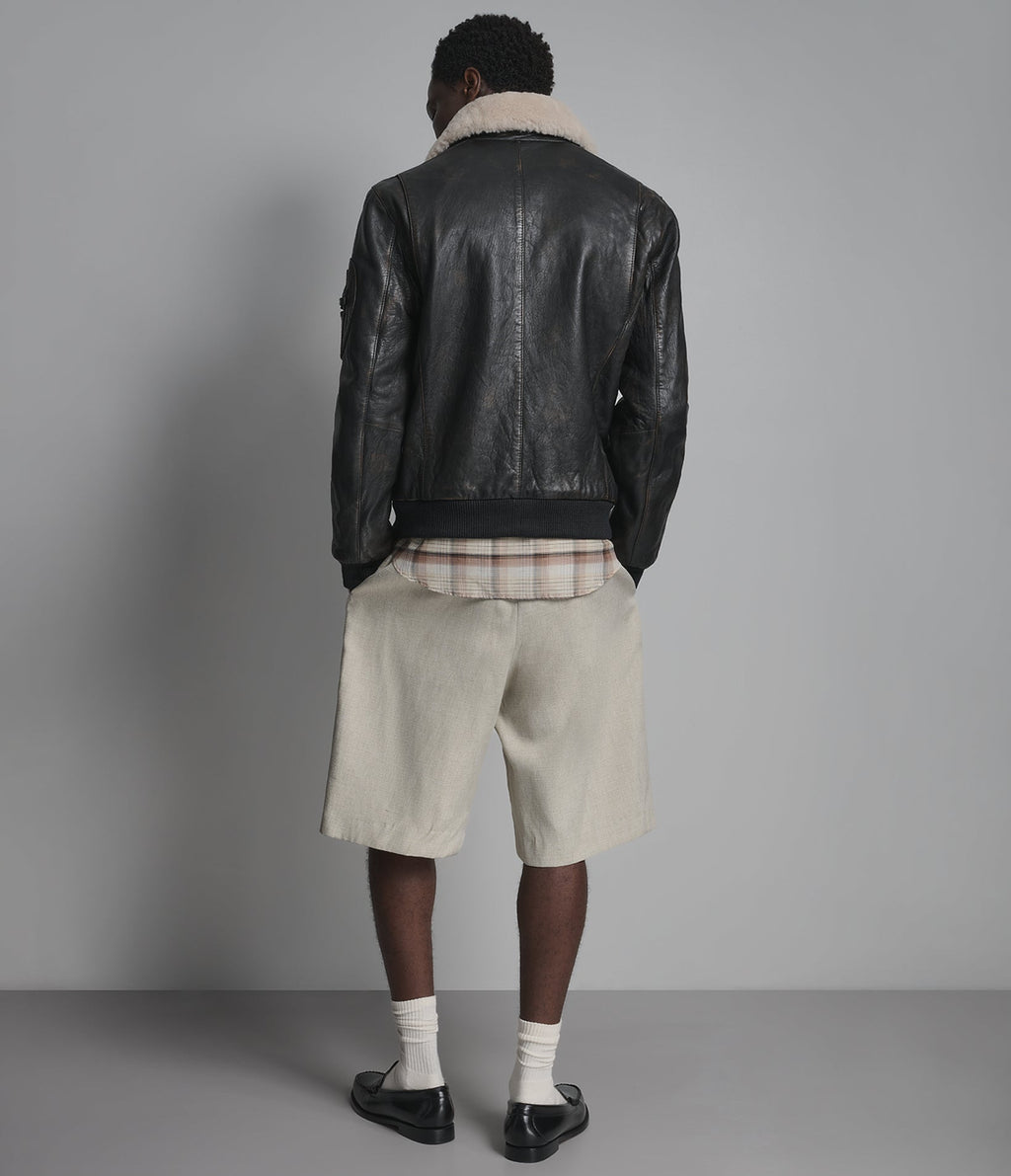 Jimmy Leather Aviator Bomber Jacket With Shearling Collar