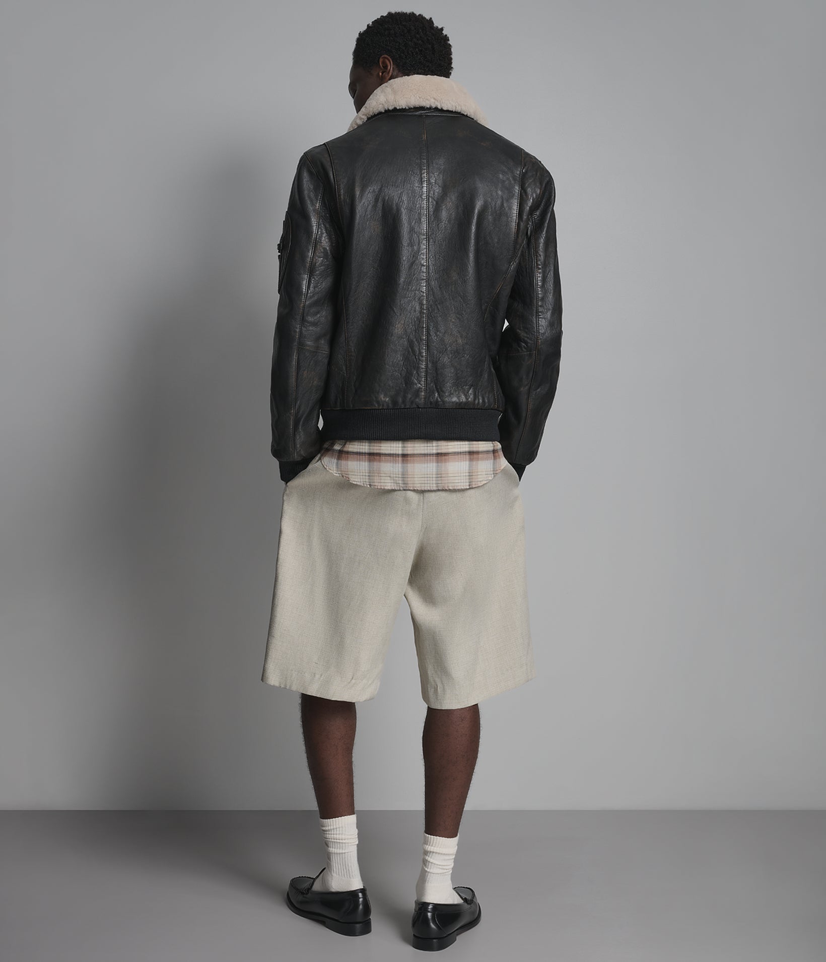 Jimmy Leather Aviator Bomber Jacket With Shearling Collar